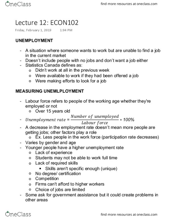 ECON102 Lecture Notes - Lecture 12: Central Canada, Unemployment Benefits, Labour Force Survey cover image