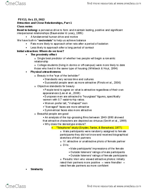 PSY-0013 Lecture Notes - Physical Attractiveness thumbnail