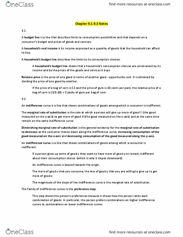 ECON 1000 Chapter Notes - Chapter 9: Indifference Curve, Relative Price, Opportunity Cost thumbnail