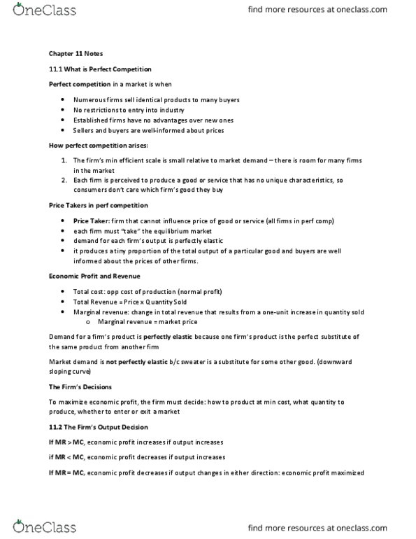 ECON 1000 Chapter Notes - Chapter 11: Marginal Revenue, Perfect Competition, Takers thumbnail