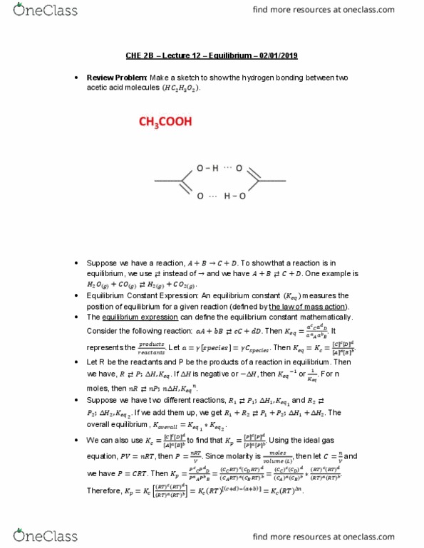 CHE 2B Lecture Notes - Lecture 12: Equilibrium Constant, Hydrogen Bond, Ideal Gas thumbnail