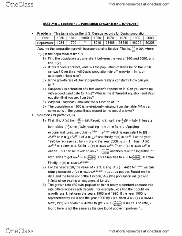 MAT 21B Lecture 12: MAT 21B – Lecture 12 – Population Growth Rate cover image