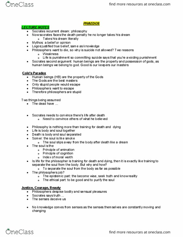 PHIL 1F90 Lecture 2: Plato's Phaedos - NOTES thumbnail