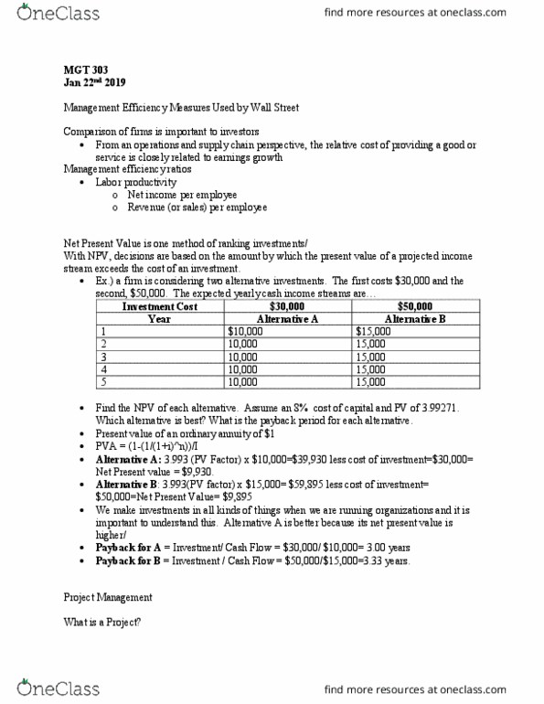 MGT 303 Lecture Notes - Lecture 5: Net Present Value, Net Income, Critical Path Method thumbnail