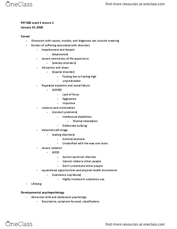 PSY 602 Lecture Notes - Lecture 1: Autism Spectrum, Developmental Psychopathology, Bipolar Disorder thumbnail