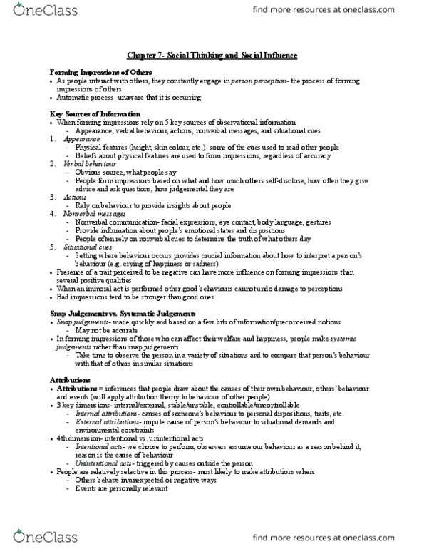 Psychology 2035A/B Chapter Notes - Chapter 7: Nonverbal Communication, Verbal Behavior, Social Perception thumbnail