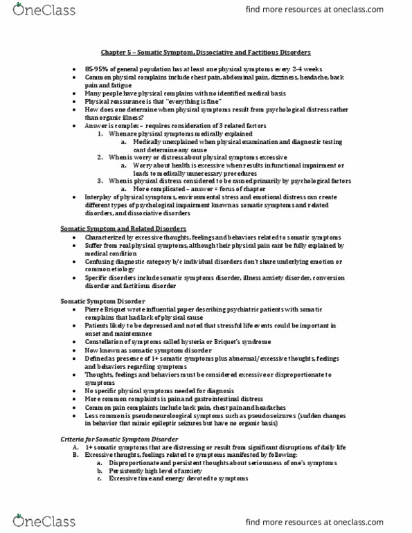 Psychology 2030A/B Chapter Notes - Chapter 4-8: Somatic Symptom Disorder, Medically Unexplained Physical Symptoms, Factitious Disorder thumbnail