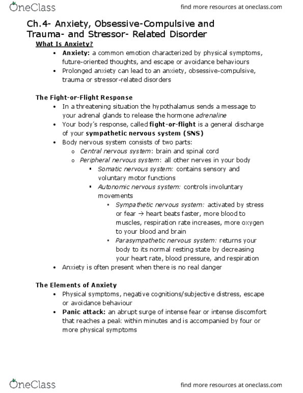 Psychology 2030A/B Chapter Notes - Chapter 4-8: Obsessive–Compulsive Disorder, Sympathetic Nervous System, Parasympathetic Nervous System thumbnail
