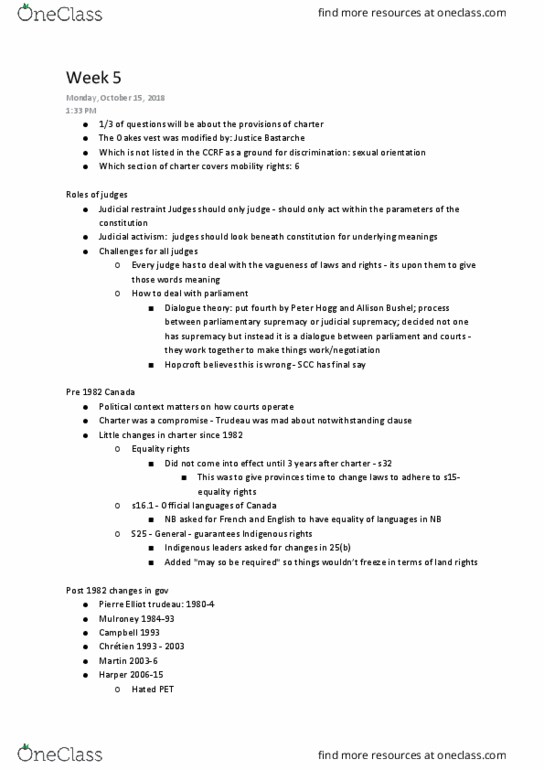 Political Science 3332F/G Lecture Notes - Lecture 5: Peter Hogg, Parliamentary Sovereignty, John Hopcroft thumbnail