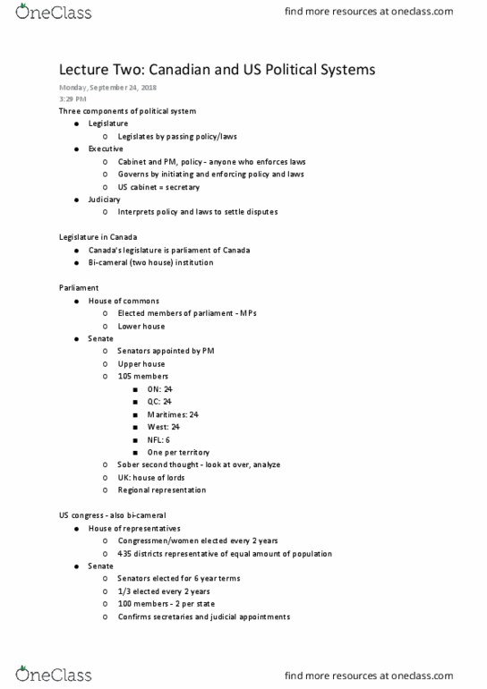 Political Science 2211E Lecture Notes - Lecture 2: Bicameralism, Lower House, Upper House thumbnail