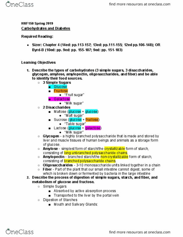 HNF 150 Lecture 7: HNF 150 Classes 6-7 Learning Objectives (CARBOHYDRATES) thumbnail