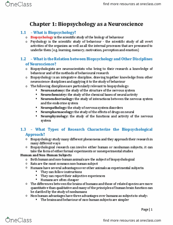 PSYC 2410 Chapter Notes - Chapter 1: Behavioral Neuroscience, Neuroendocrinology, Neuropharmacology thumbnail