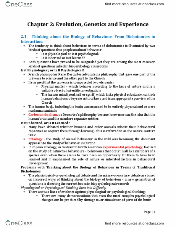 PSYC 2410 Chapter Notes - Chapter 2: Behavioral Neuroscience, Ethology, Experimental Psychology thumbnail