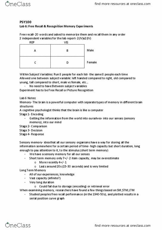 PSY100Y5 Lecture 7: Lab 6- Recall and Recognition Experiments thumbnail