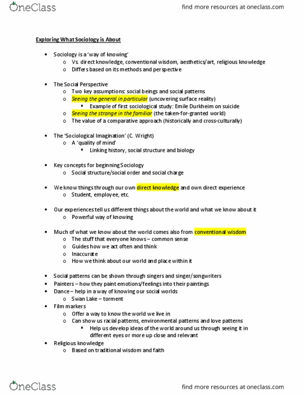 SOCI 1001H Lecture Notes - Lecture 2: The Sociological Imagination, Social Order, Sexual Orientation thumbnail