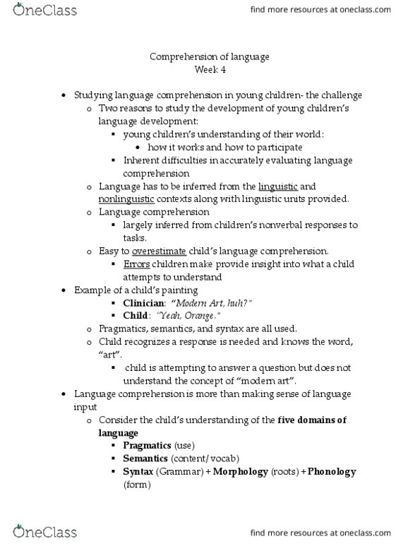 SPA 4004 Lecture Notes - Lecture 4: Pragmatics, Language Processing In The Brain, Phonological Awareness thumbnail