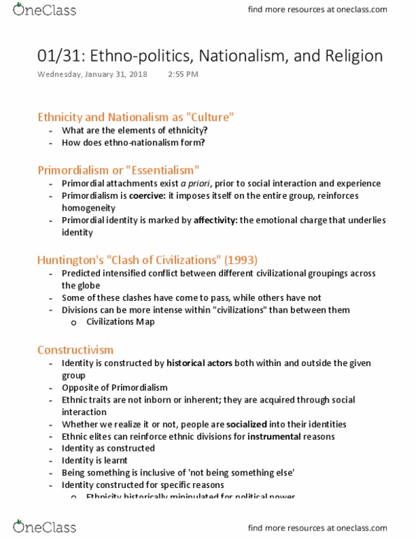 POLI 227 Lecture Notes - Lecture 8: Ethnic Nationalism, Primordialism, Instrumentalism thumbnail