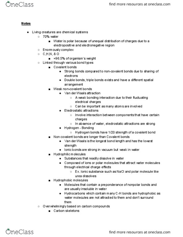 BIO206H5 Lecture Notes - Lecture 3: Chemical Polarity, Electronegativity, Bond Length thumbnail