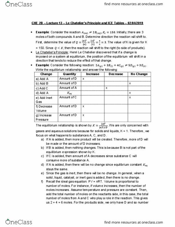 CHE 2B Lecture Notes - Lecture 13: Inert Gas, Rice Chart, Equilibrium Constant cover image