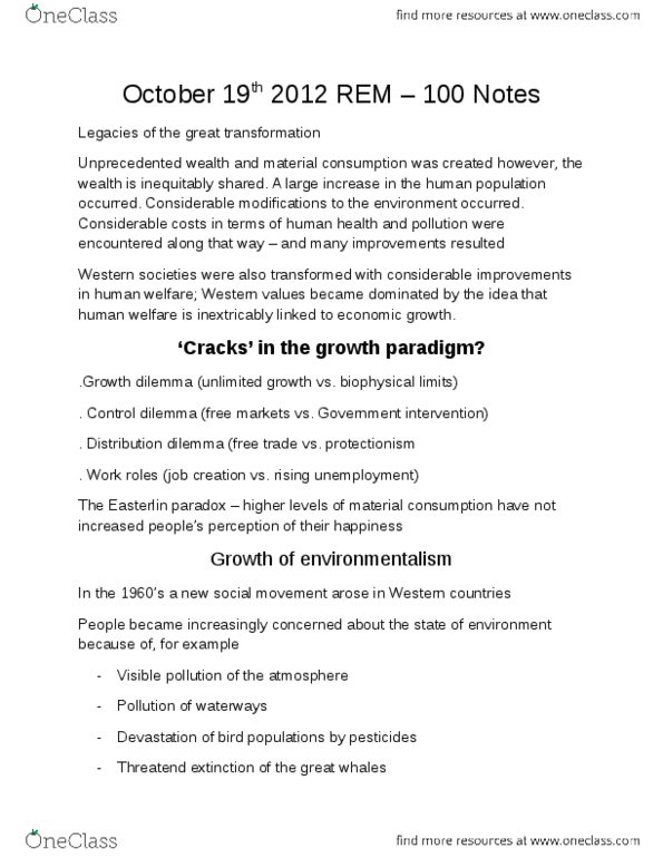 REM 100 Lecture Notes - Easterlin Paradox, Paradigm Shift, Gaia Hypothesis thumbnail