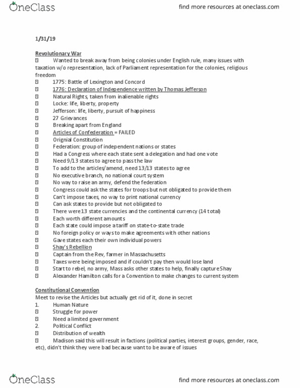 POL 320 Lecture Notes - Lecture 2: Early American Currency, Limited Government, Twenty-Second Amendment To The United States Constitution thumbnail