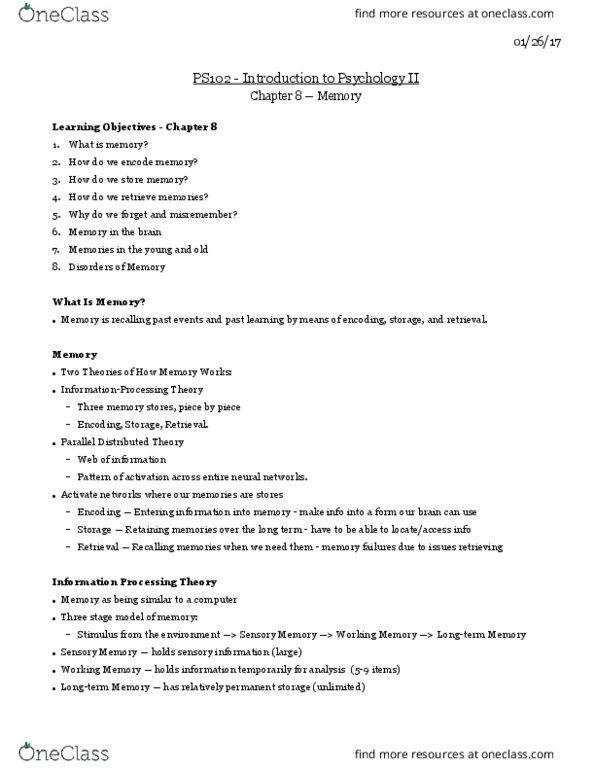 PS102 Lecture Notes - Lecture 6: Long-Term Memory, Working Memory, Episodic Memory thumbnail