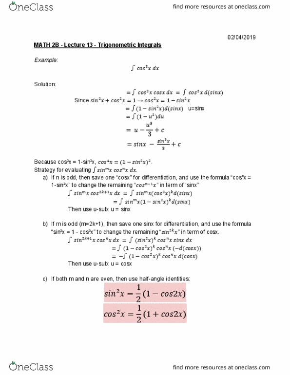 MATH 2B Lecture 13: Trigonometric Integrals cover image