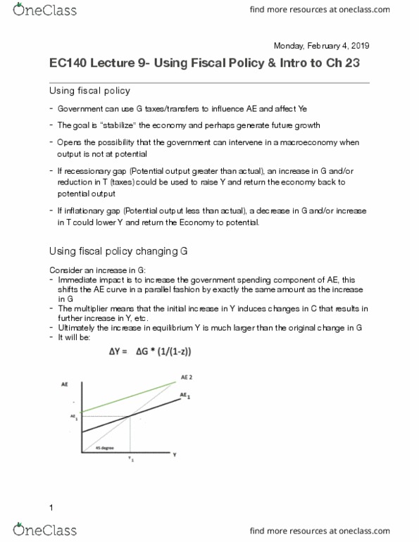 EC140 Lecture Notes - Lecture 9: Output Gap, Potential Output thumbnail