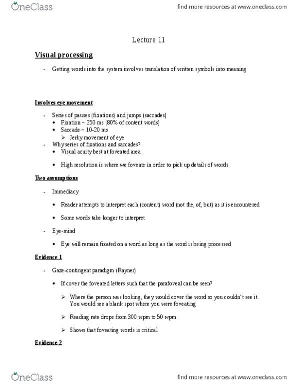 PSYC 2700 Lecture Notes - Lecture 11: Word Lists By Frequency, Saccade, Lexical Decision Task thumbnail