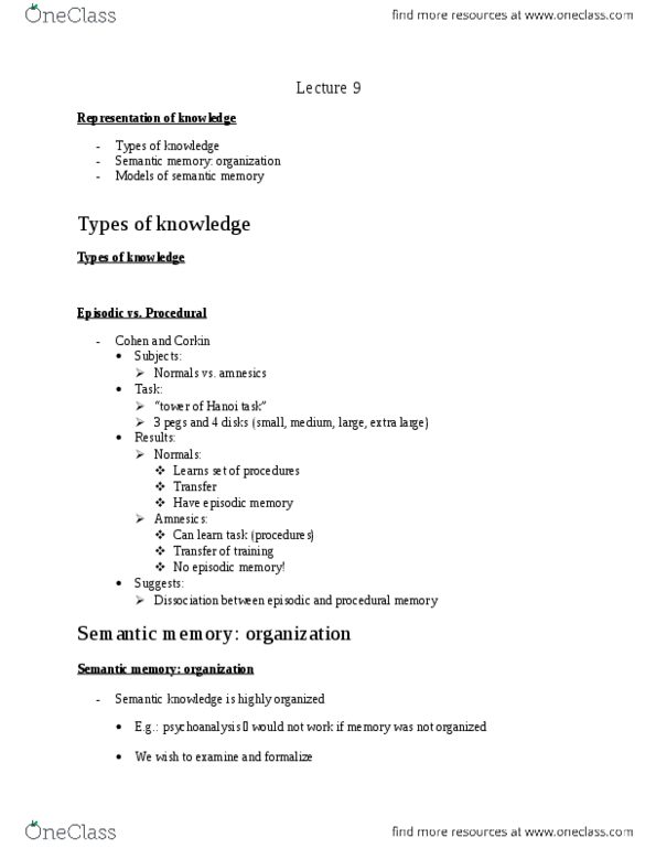 PSYC 2700 Lecture Notes - Lecture 9: Semantic Memory, Episodic Memory, Procedural Memory thumbnail