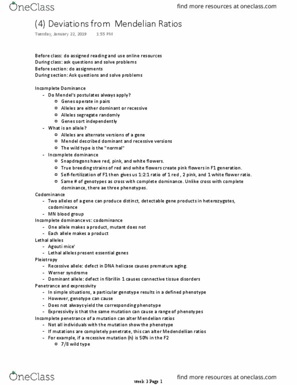 BICD 100 Lecture Notes - Lecture 4: Mns Antigen System, Lethal Allele, Fibrillin thumbnail