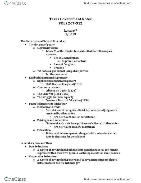 POLS 207 Lecture Notes - Lecture 7: Supremacy Clause, Dual Federalism, Enumerated Powers thumbnail