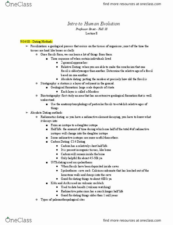 L48 Anthro 150A Lecture Notes - Lecture 8: Radiometric Dating, Radiocarbon Dating, Speleothem thumbnail