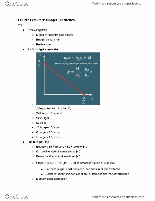 ECON 1 Lecture Notes - Lecture 13: Budget Constraint, Taco, Relative Price cover image