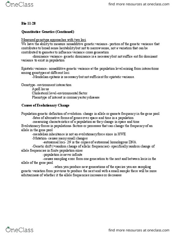 L41 BIOL 2970 Lecture Notes - Lecture 25: Coronary Artery Disease, Allele Frequency, Epistasis thumbnail