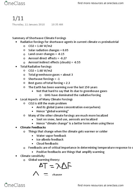 ATM S 111 Lecture Notes - Lecture 6: Greenhouse Gas, Shortwave Radiation, Radiative Forcing thumbnail