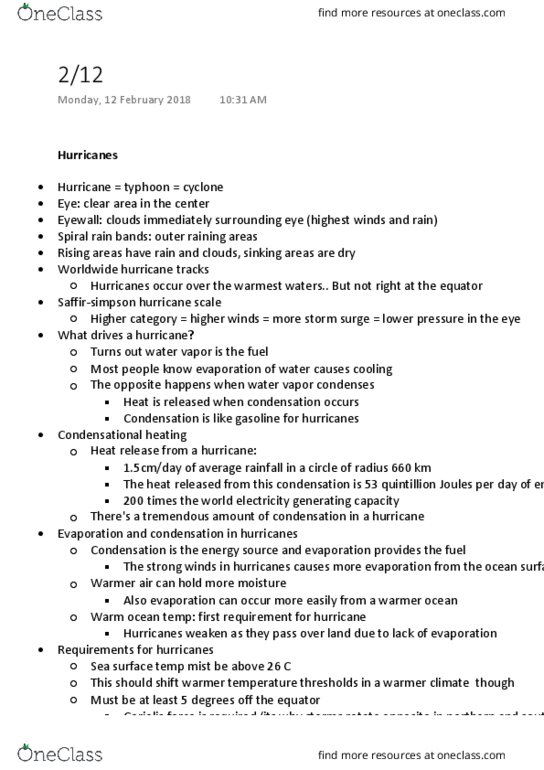 ATM S 111 Lecture Notes - Lecture 12: Coriolis Force, Evaporation, Wind Shear thumbnail