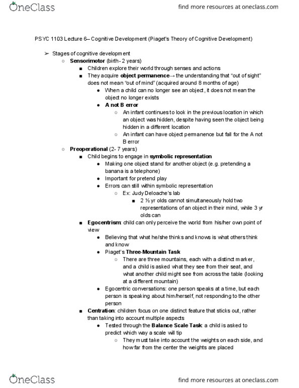 PSYC 1103 Lecture 6: Cognitive Development (Piaget's Theory of Cognitive Development) thumbnail