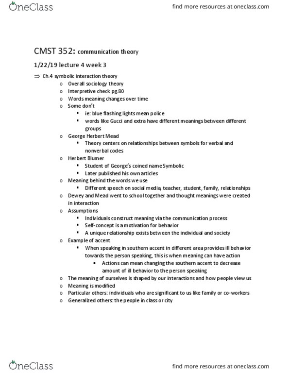 CMST 352 Lecture Notes - Lecture 2: George Herbert Mead, Herbert Blumer, Communication Theory thumbnail