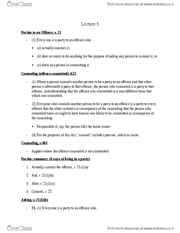 LAWS 2302 Lecture Notes - Lecture 5: Indictable Offence, Actus Reus, Mens Rea thumbnail