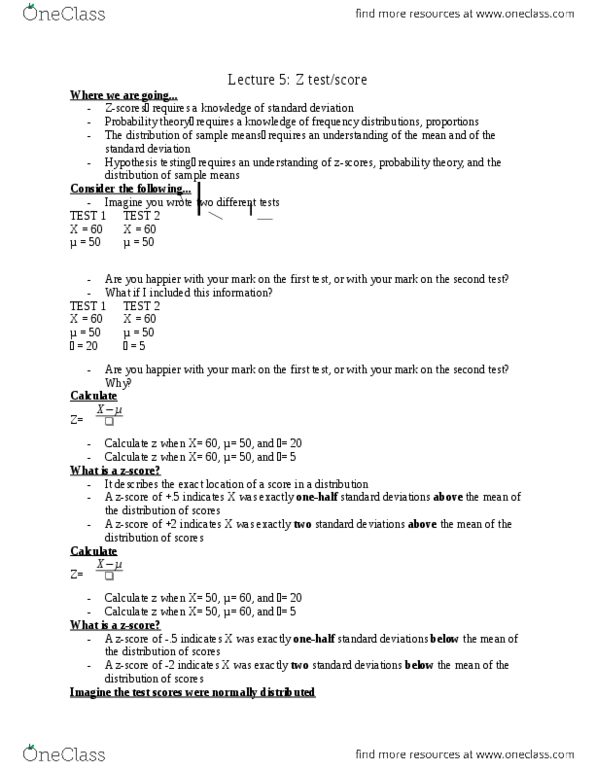 PSYC 2002 Lecture Notes - Lecture 5: Standard Deviation, Frequency Distribution, Probability Theory thumbnail