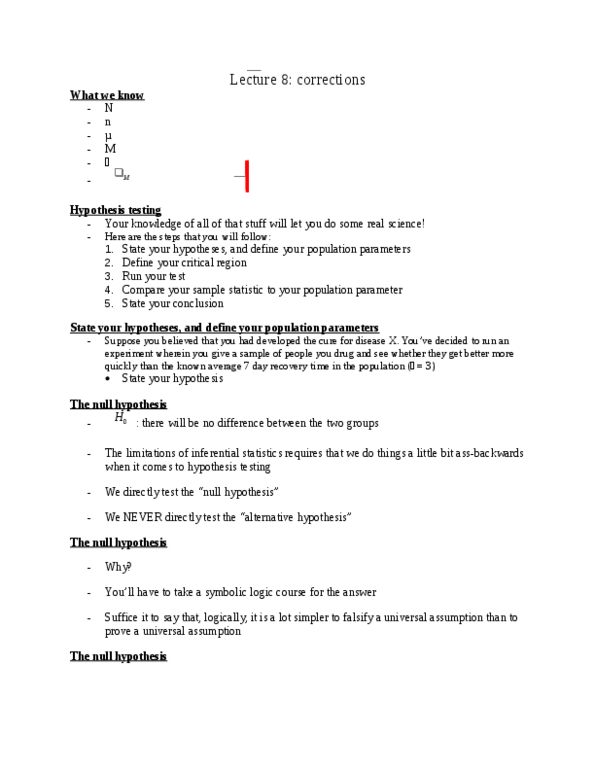 PSYC 2002 Lecture Notes - Lecture 8: Null Hypothesis, Type I And Type Ii Errors, Statistical Parameter thumbnail