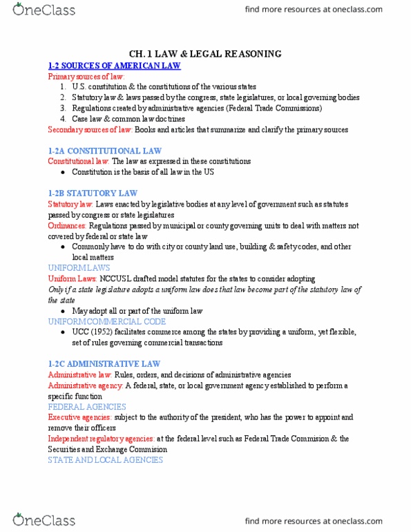 LAW 18B Chapter Notes - Chapter CH. 1 Law & Legal Reasoning: Regulatory Agency, Uniform Act, Statutory Law thumbnail