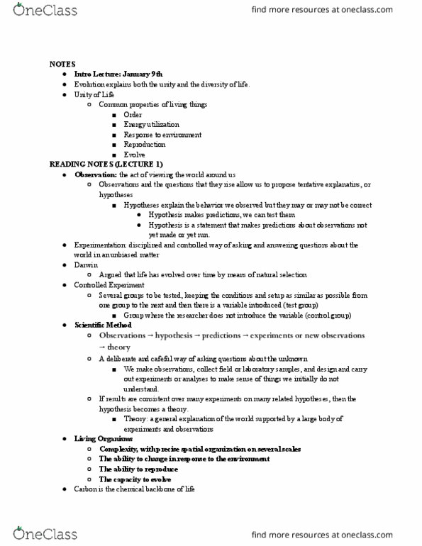 BIOLOGY 172 Lecture Notes - Lecture 1: Natural Selection, Cytosine, Peptide thumbnail