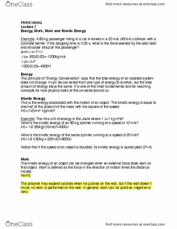 PHYS 1010Q Lecture 7: Energy, Work, Work and Kinetic Energy thumbnail