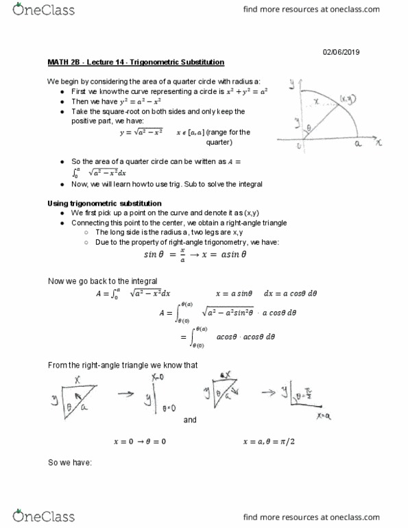 MATH 2B Lecture Notes - Lecture 14: Trigonometric Substitution thumbnail