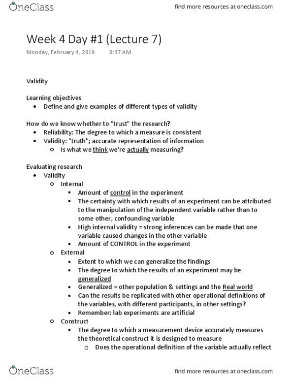 Kinesiology 2032A/B Lecture Notes - Lecture 7: Confounding, Internal Validity, Operational Definition thumbnail