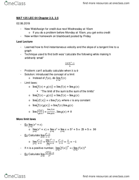 MAT 125 Lecture Notes - Lecture 4: Webassign, Blackboard, Squeeze Theorem thumbnail