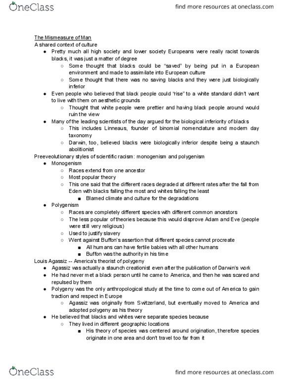 MMW 14 Chapter Notes - Chapter Reading: Louis Agassiz, Binomial Nomenclature, Monogenism thumbnail