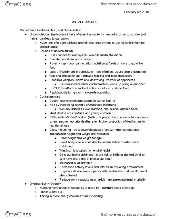 ANT214H5 Lecture Notes - Lecture 6: Overnutrition, Maternal Death, Poverty Trap thumbnail